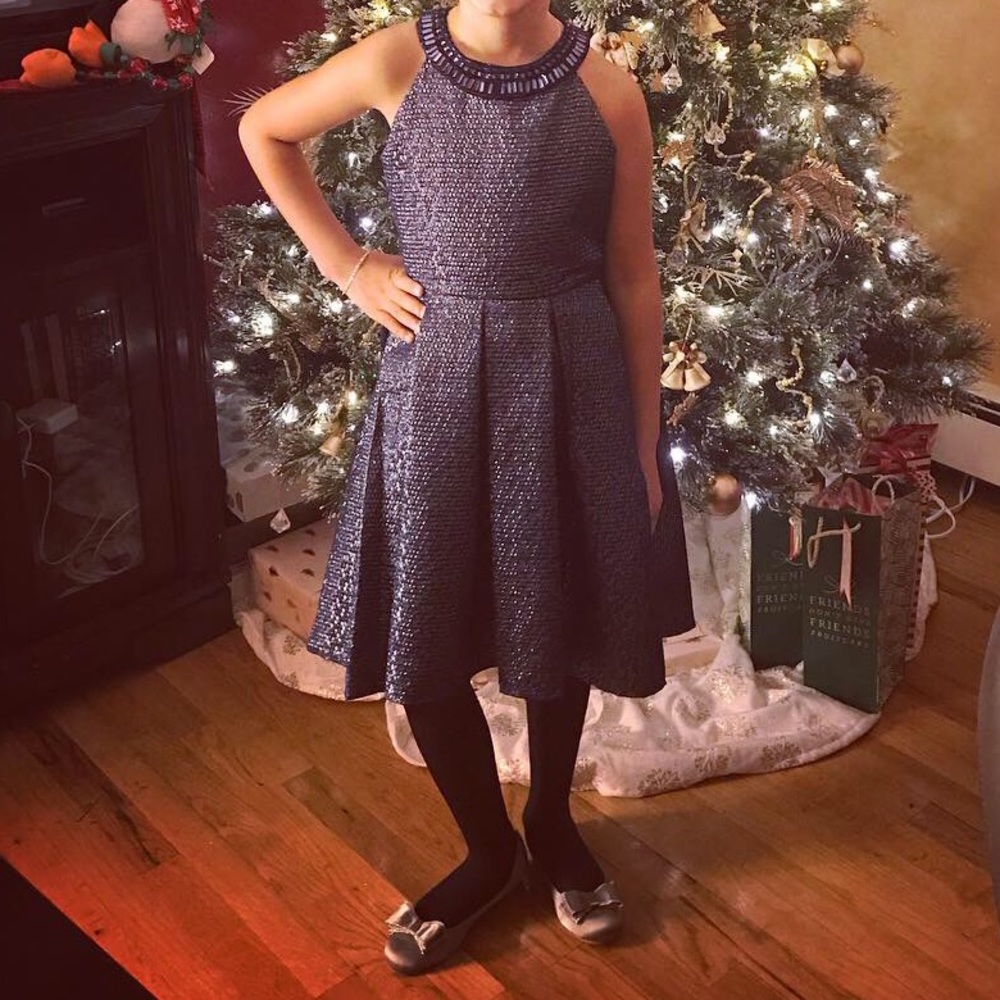Girl’s Navy dress with jewel neck trim